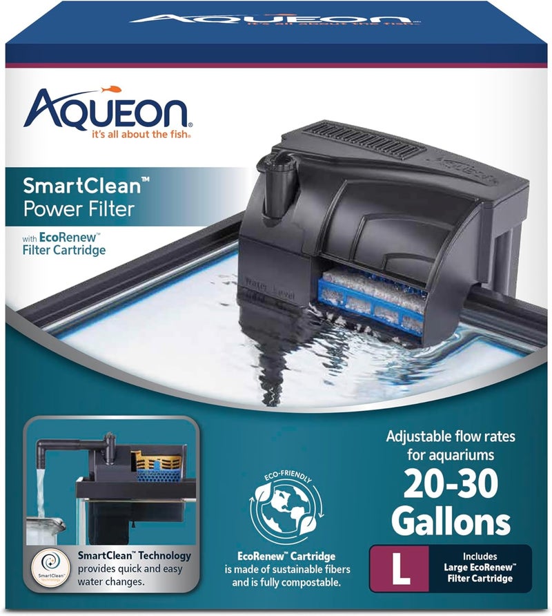 Aqueon SmartClean Power Filter with EcoRenew Filter Cartridge, Quick and Easy Water Changes, Quiet Operation, Adjustable Flow, for 20-30 Gallon Freshwater and Saltwater Aquariums, Large - Image 1
